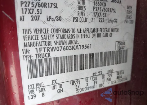 2003 Ford F-150 Lariat/Xlt из США, поврежденный, VIN 1FTRW07603KA19561